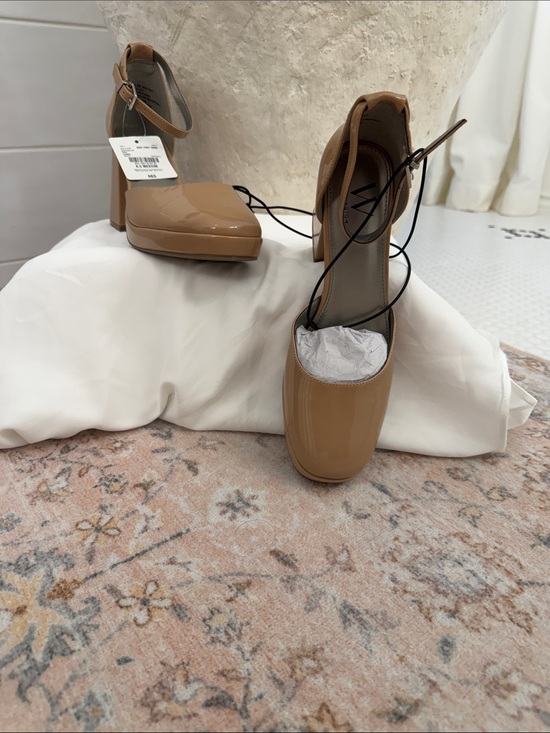 Worthington Shoes - Worthington Tan Patent Square-Toe Block Heel Ankle-Strap Pumps